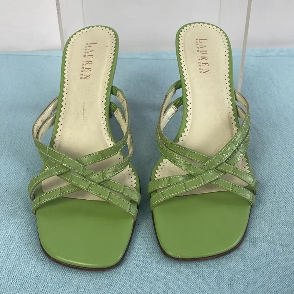 Ralph Lauren Green Strappy Wood Heels - Picture 3 of 8